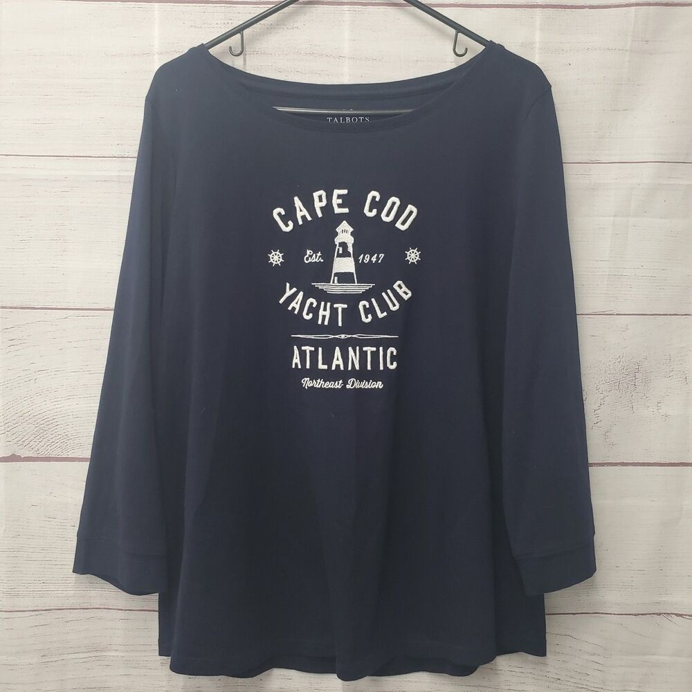 Talbots Navy Blue Long Sleeve Top Size Large Cape Cod Yacht Club Atlantic